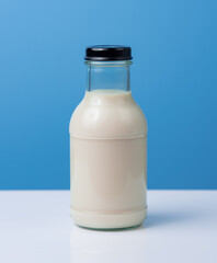 Sticker - Bottle of milk on blue color background.