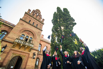 Wall Mural - Graduating students throwing caps in the air at University ceremony