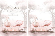 Hand Drawn Watercolor Tropical Flamingo Birds Wadding Invitation Background. Set Of African Flamingos. Exotic Rose Bird Illustrations, Jungle Tree, Brazil Trendy Art. Perfect For Fabric Design.