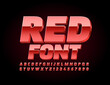 © Popskraft - Vector Red Font. Modern glossy Alphabet. 3D bright Metal Letters and Numbers set