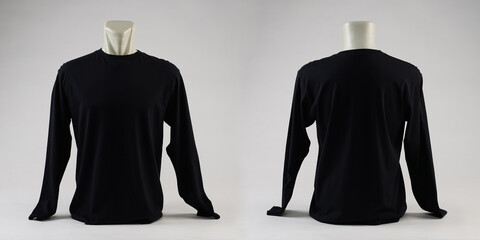 Wall Mural - Blank black male long-sleeved tshirt template, from two sides, natural shapes on invisible mannequins, for your mockup design to be printed, isolated on a white background.