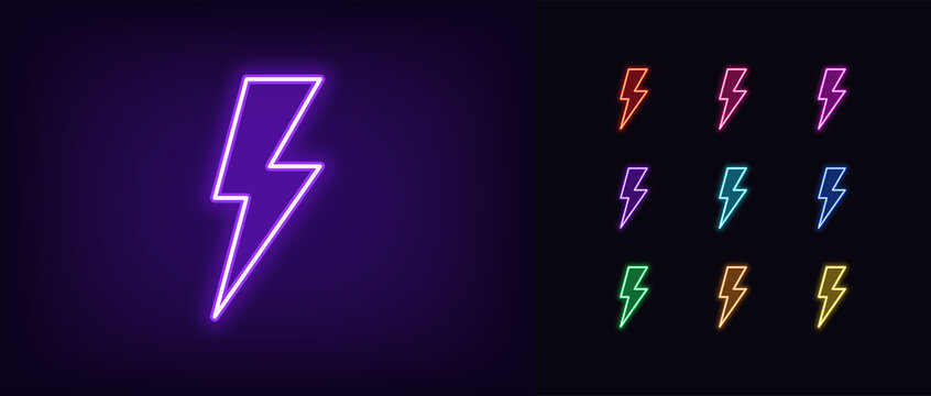 Neon lightning bolt icon. Glowing neon thunder flash sign, electrical discharge