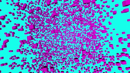 Wall Mural - Cube 3D motion animation. Abstract magenta cubes flying on cyan blue background