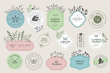 Set Of Signs For Organic And Natural Cosmetics And Beauty Products . Vector Illustrations For Products Promotion, Packaging Design, Web Design, Business Presentation, Marketing Material.