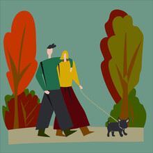 A Couple In Love Walks In The Park With Their Beloved Dog. A Man Hugs A Woman. The Concept Of Love And Family Values. Autumn Colours, Vector Illustration. Modern Flat Design. Vector Illustration.