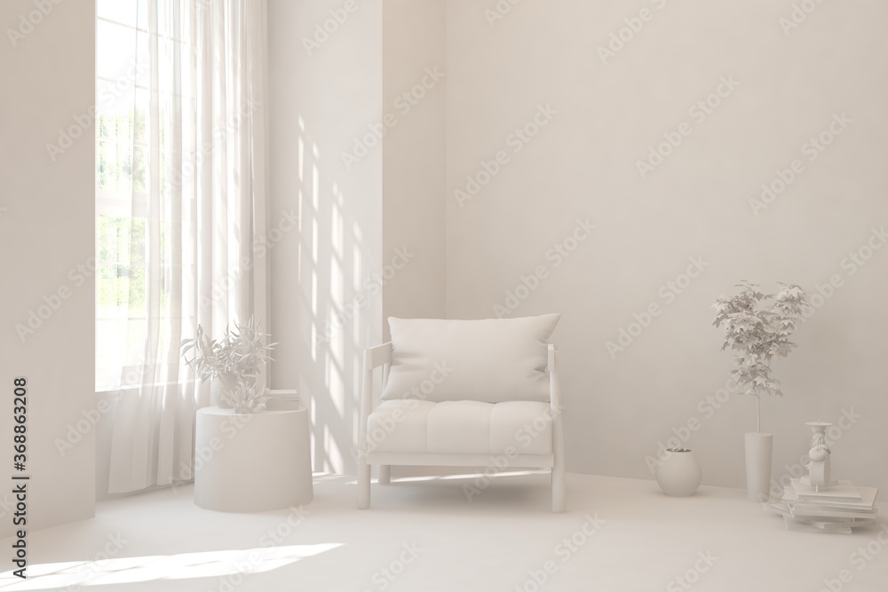 White room with armchair. Scandinavian interior design. 3D illustration - obrazy, fototapety, plakaty 