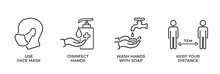 Coronavirus Protection And Disease Prevention Icon Set. Use Mask, Disinfect Hands, Wash Hands With Soap, Keep Distance
