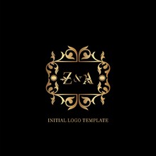 Gold ZA Initial Logo. Frame Emblem Ampersand Deco Ornament Monogram Luxury Logo Template For Wedding Or More Luxuries Identity