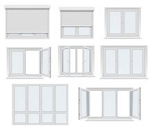Plastic Window And Door With Roller Shutter Isolated Vector Mockup. Realistic White Windows And Doors With Metal Rolling Blinds, Glass Panels And PVC Frame Profiles, 3d Design Of Architecture Elements