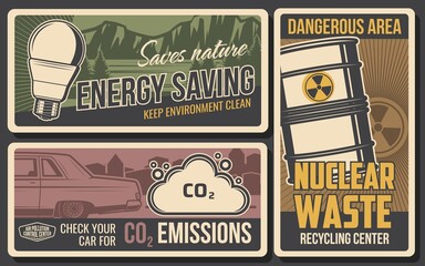 Poster - Save energy, air pollution and waste recycle, vector ecology, environment and nature protection. Energy saving light bulb, barrel or nuclear waste and petrol engine car with co2 smog cloud