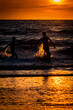 Kinder spielen im Sonnenuntergang im Meer