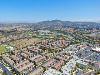 Sticker - Aerial view of Torrey Santa Fe, middle class subdivision neighborhood with residential villas in San Diego County, California, USA.