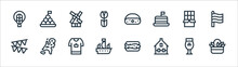 Holland Line Icons. Linear Set. Quality Vector Line Set Such As Tulip, House, Boat, Garland, Chocolate, Windmill, Cheese, Bitterballen.