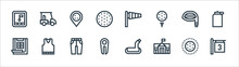 Golf Line Icons. Linear Set. Quality Vector Line Set Such As Tee, Golf Club, Divot, Scoring, Driver, Golf, Windsock, Cart.