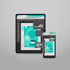 Wall Mural - tablet and smartphone screns cross platform application development adaptive user interface responsi
