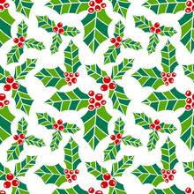 Seamless Pattern Red Berry With Green Leaves Isolated In White Background