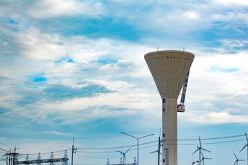 water tower on a blue sky, water supply tank, water supply on blue sky, Big water tank