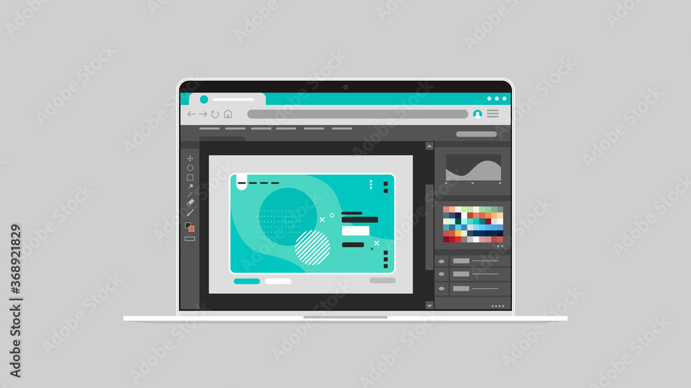 graphic editor on laptop screen creative content configuration design concept horizontal vector illustration - obrazy, fototapety, plakaty 
