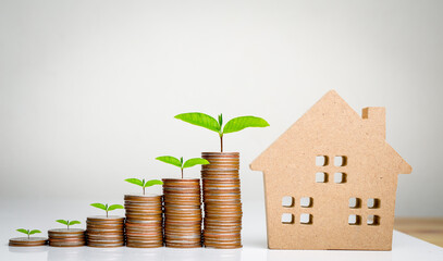 Money coin stack growing graph and house model on gray background.