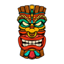Illustration Of Tiki Tribal Wooden Mask. Design Element For Logo, Emblem, Sign, Poster, Card, Banner. Vector Illustration