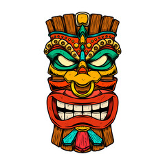 Wall Mural - Illustration of Tiki tribal wooden mask. Design element for logo, emblem, sign, poster, card, banner. Vector illustration