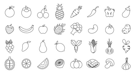 Vegetables and fruits flat icon collection set isolated on white background.Drawing outline stroke.Design for colouring art book ,print.Vector.Illustration.