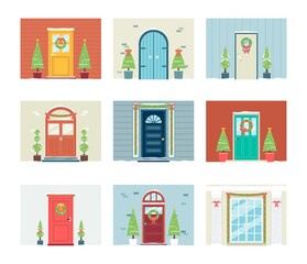 Front door of house decorated for Christmas - isolated festive set