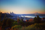 Fototapeta Las - sunrise with view of Seattle and mt rainier