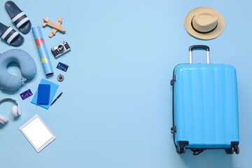 Sticker - Set of travel accessories on color background