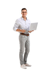 Male programmer with laptop on white background