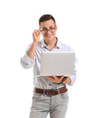 Male programmer with laptop on white background