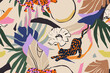 © Irina - Hand drawn abstract floral pattern with leopards. Creative collage contemporary seamless pattern. Natural colors. Fashionable template for design.