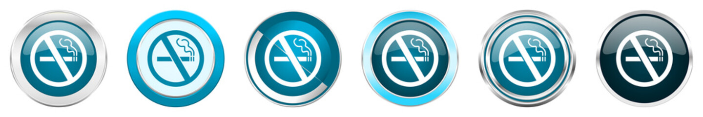Poster - No smoking silver metallic chrome border icons in 6 options, set of web blue round buttons isolated on white background