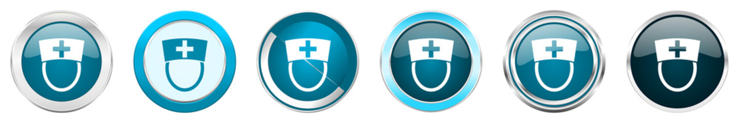 Aufkleber - Nurse silver metallic chrome border icons in 6 options, set of web blue round buttons isolated on white background