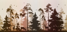 Seamless Pine Forest With Deer And Birds