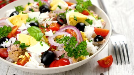 Sticker - rice salad with tomato, egg, olive and onion