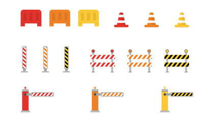 Set of road barriers. Warning roadblock border. Striped street signs. Attention construction fence due to work. Street road sign.  Isolated caution barrier. Vector EPS 10.