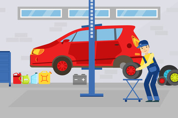 Canvas Print - Car Repair Service, Auto Mechanic Character Changing Wheel in Red Car Lifted on Autolifts Vector Illustration