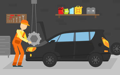 Canvas Print - Car Repair Service, Auto Mechanic Character in Overalls Fixing Car Vector Illustration