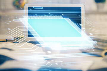 multi exposure of desktop computer and technology theme hologram. concept of software development.