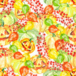 Orange pumpkin watercolor. Pumpkin for Halloween, for a holiday. Night party. Sinister pumpkin. physalis, autumn leaves. Berry, currant branch. Background for halloween. Watercolor seamless pattern