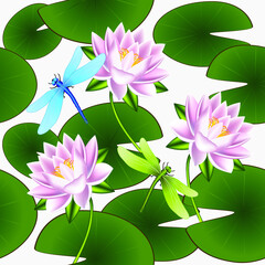 Wall Mural - Seamless pattern with lotus flowers, leaves and dragonflies.