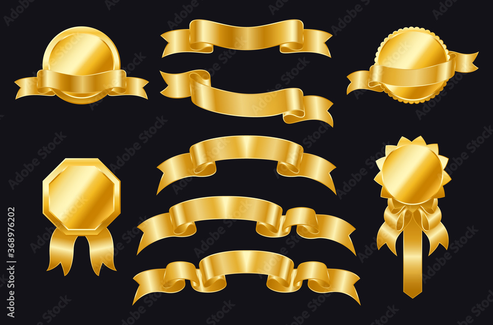 Raw Gold Ribbons Gold ribbons of different shapes on a black background. Golden badges ...