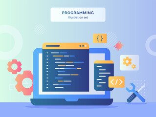 Wall Mural - programming illustration set coding language program on display monitor laptop background of mechani