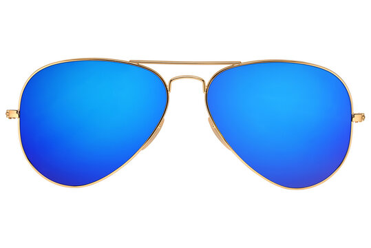 blue aviator sunglasses with golden frame isolated on white.