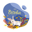 © MySunShine - Monthly calendar page with hand drawn text Hello October and cute character rabbit. Colorful autumn card or background with white hear, yellow falling leaves - grass and berries. Vector illustration.