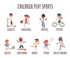  Vector banner with cartoon characters of sports children and equipment.