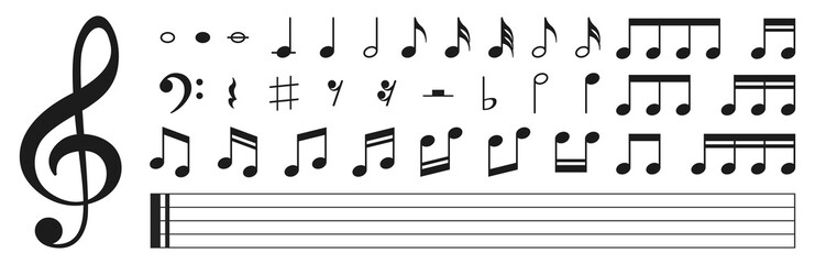 set of musical notes. black musical note icons. music elements. treble clef. vector illustration.