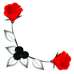 Wall Mural - Corner ornament with red roses, leaves and berries, design element.