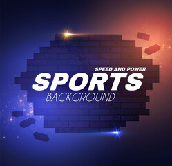 Wall Mural - Abstract sport background with brocken brick wall and motion light effects.